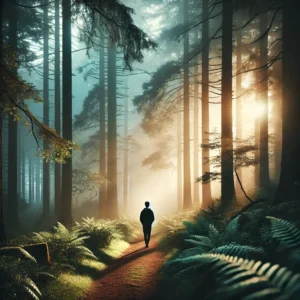 Healing Journey A serene introspective scene of a person walking along a misty forest path surrounded by tall trees with soft morning light filtering through the woods and paradox of healing.
