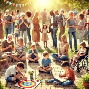 An inclusive, heartwarming image capturing the diversity within the autism spectrum. A group of people of different ages and backgrounds are gathered