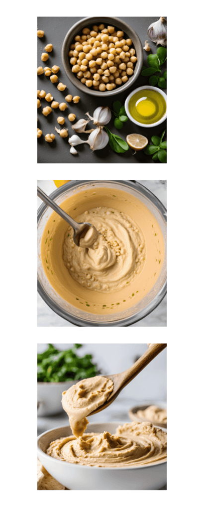 Step-by-step photos showing the process of blending garbanzo beans, olive oil, lemon juice, and seasonings to make tahini-free hummus.