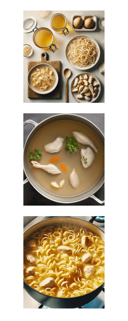 Progression photo showing the steps of making homemade chicken noodle soup, including preparing stock and adding homemade noodles.