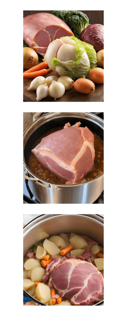 Step-by-step photo showing the progression of making Boiled Ham Dinner, including adding ham, vegetables, and seasoning to a pot.