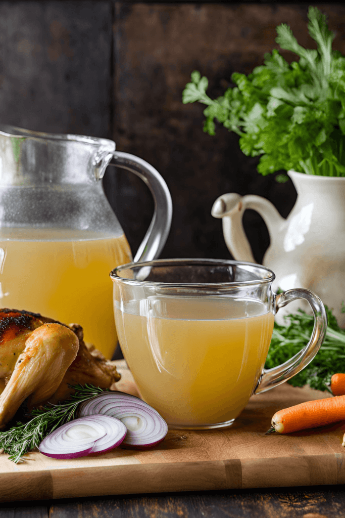 Rich, simmering homemade chicken stock with a wooden spoon stirring the broth.