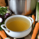 Freshly made chicken stock with vibrant vegetables and herbs in a clear broth.
