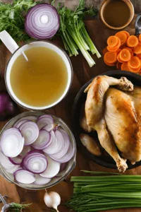 Homemade chicken stock ingredients in a pot, including chicken, carrots, celery, and garlic.