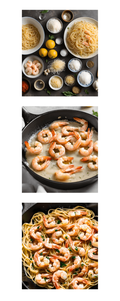 A step-by-step process image showing shrimp being sautéed in a skillet with melted butter and garlic.