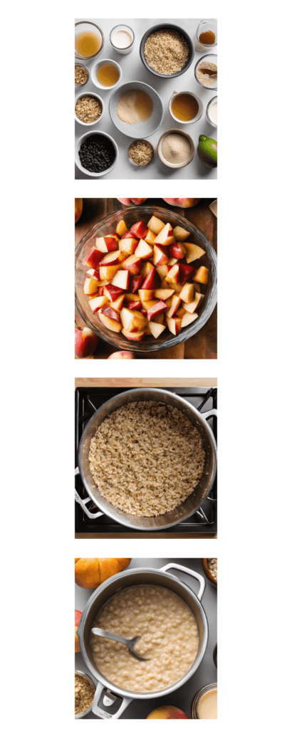 Step-by-step images showing the process of making Maple Brown Sugar Fruity Oats, including cutting fruit, cooking oats, and mixing in sweeteners and spices.