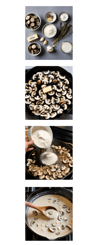 A step-by-step photo guide showing how to make homemade cream of mushroom soup, from sautéing ingredients to the final creamy bowl.