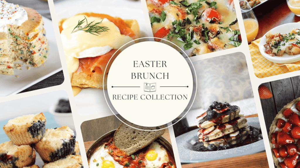 A collage of Easter brunch dishes, including fluffy pancakes, deviled eggs, fresh-baked muffins, and colorful fruit platters on a festive table setting.
