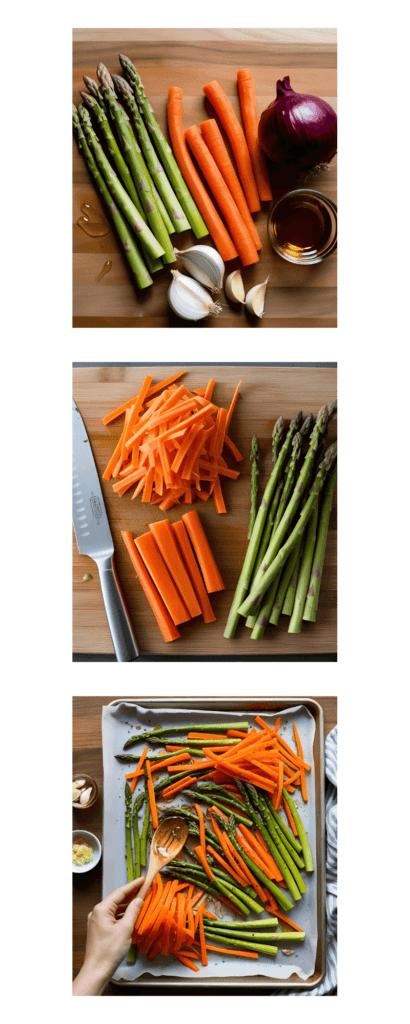 A recipe progression photo showing chopped carrots, trimmed asparagus, and sliced red onions being seasoned and drizzled with honey on a baking sheet before roasting.