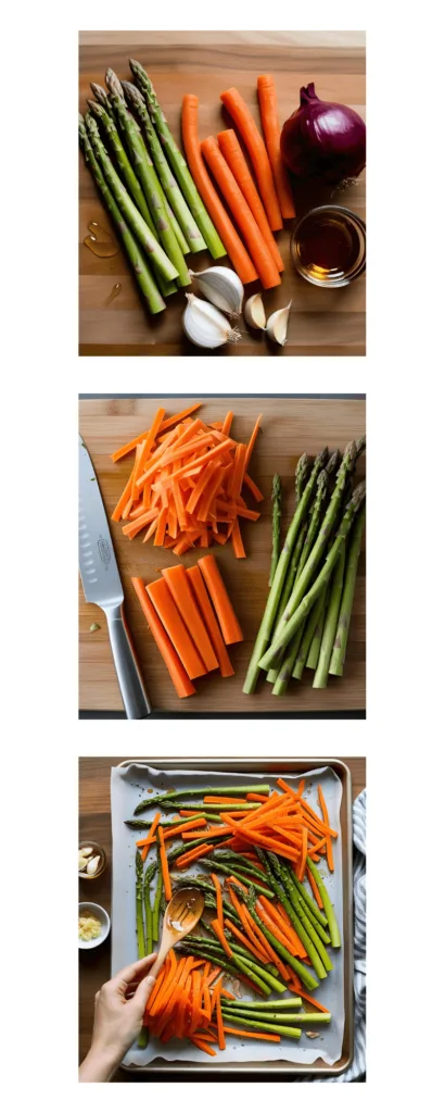 A recipe progression photo showing chopped carrots, trimmed asparagus, and sliced red onions being seasoned and drizzled with honey on a baking sheet before roasting.