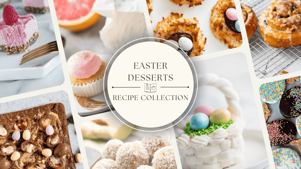 Festive Easter desserts, including carrot cake, hot cross buns, lemon tarts, and pastel macarons, beautifully decorated with spring-themed accents.