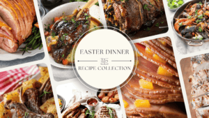 A collage of Easter Dinner main courses featuring glazed ham, roasted lamb, and simple seafood beautifully plated with fresh herbs and festive side dishes.