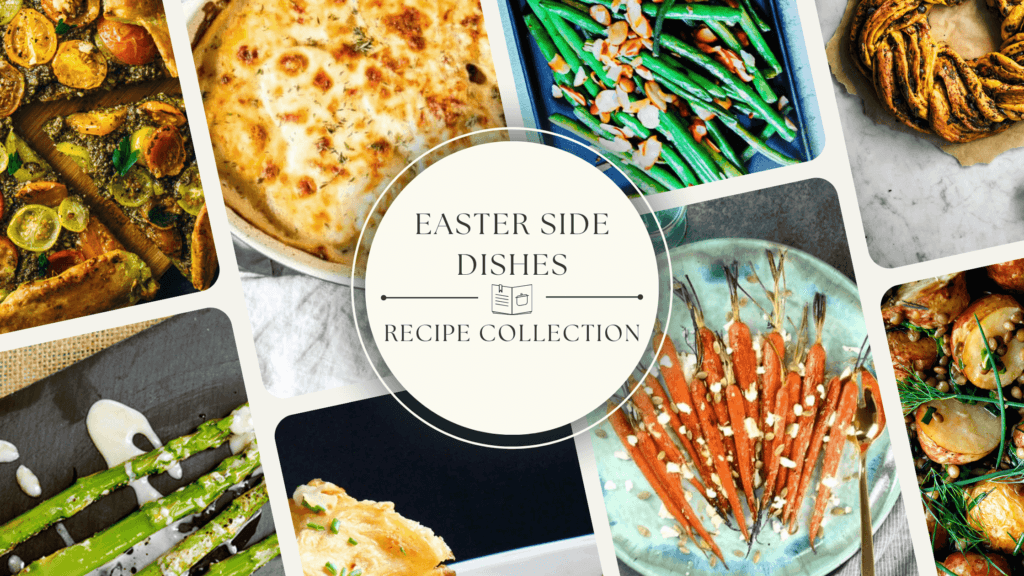 A colorful collage of Easter side dishes, including casseroles, roasted vegetables, fresh salads, and festive holiday favorites, perfect for an Easter dinner spread.