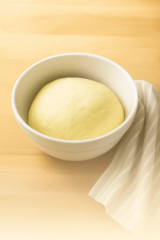 A smooth ball of pizza dough rising in a white ceramic bowl with a striped towel on the side, set on a light wood surface.