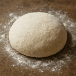 A ball of pizza dough resting on a floured wooden surface, ready to be shaped or proofed.