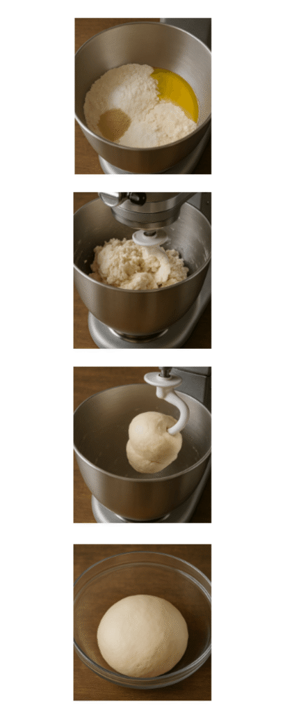 A four-step photo collage showing the pizza dough-making process: dry ingredients in a mixer, the dough forming, kneading with a hook, and finished dough in a glass bowl.