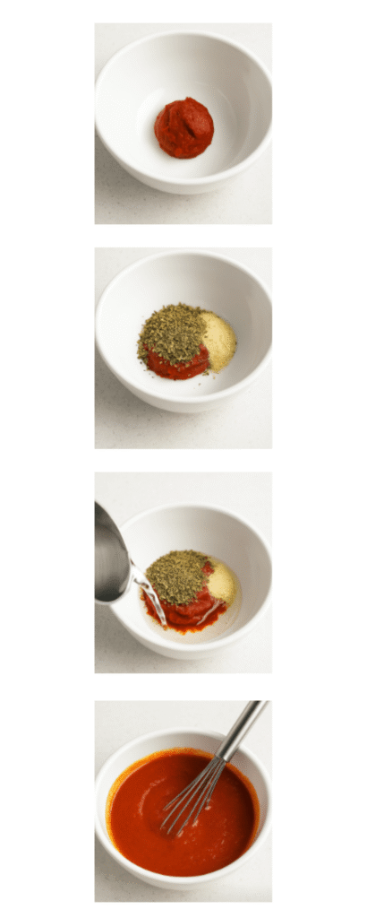 Step-by-step photo collage showing the progression of making pizza sauce: tomato paste in a bowl, spices added, water being poured in, and final smooth sauce being whisked.