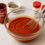 Glass bowl of freshly mixed pizza sauce with a stainless whisk, tomato paste can, spices, and Italian seasoning in the background on a beige kitchen surface.