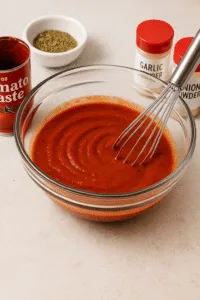 A glass bowl of vibrant red pizza sauce being whisked, surrounded by garlic powder, onion powder, dried herbs, and an open can of tomato paste on a light countertop.