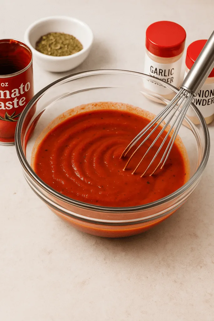 A glass bowl of vibrant red pizza sauce being whisked, surrounded by garlic powder, onion powder, dried herbs, and an open can of tomato paste on a light countertop.