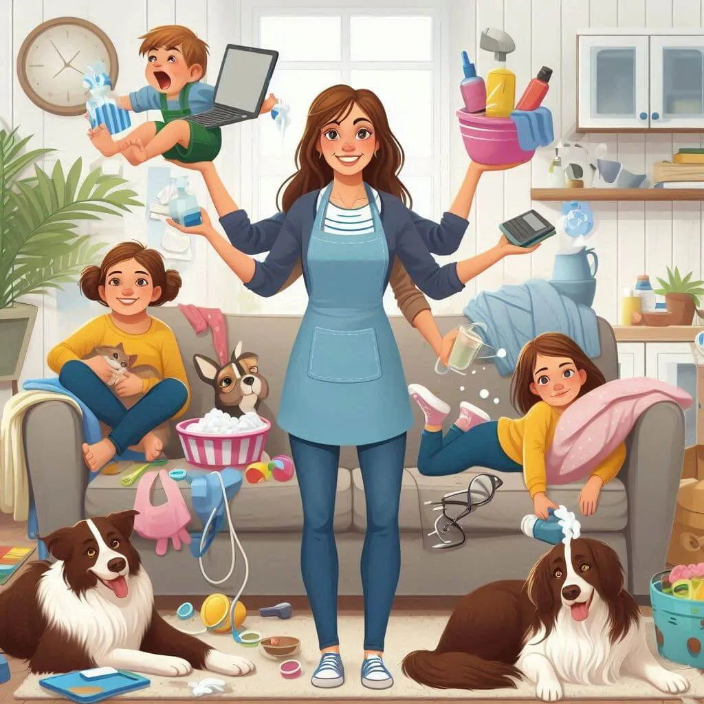 A playful illustration of multitasking motherhood, showing a smiling mom juggling cleaning, kids, work, and chaos in a messy but love-filled home.