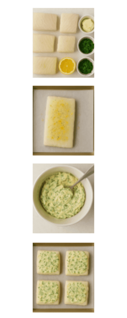 Step-by-step collage showing how to make baked lemon herb halibut, from raw ingredients to oven-ready fillets.
