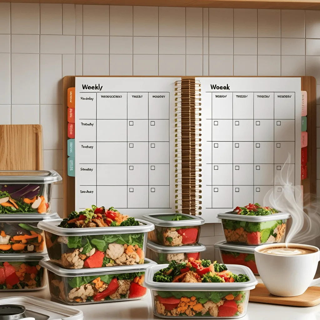 A weekly meal planning notebook displayed in a kitchen, surrounded by colorful prepped meals in clear containers and a steaming cup of coffee.