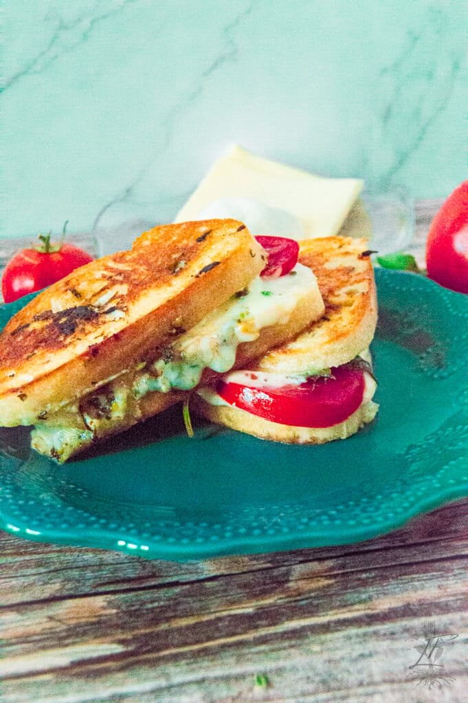 Caprese grilled cheese sandwich on a teal plate with fresh tomatoes, cheese, and basil in the background.