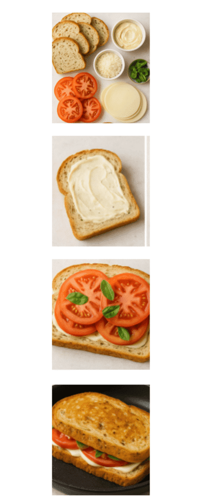 Step-by-step photo collage showing how to make Caprese grilled cheese, from ingredients to grilling in a skillet.