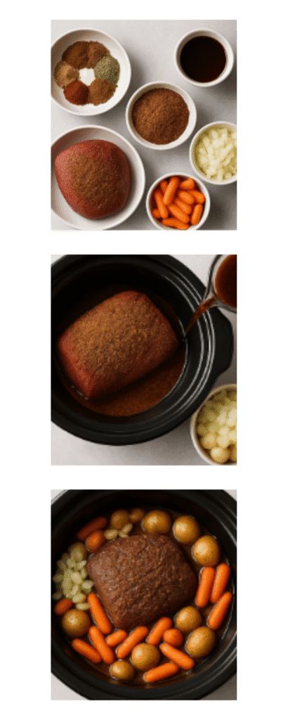 Step-by-step photo collage showing ingredients, seasoning the roast, adding liquid, adding vegetables, and the full crockpot before cooking.