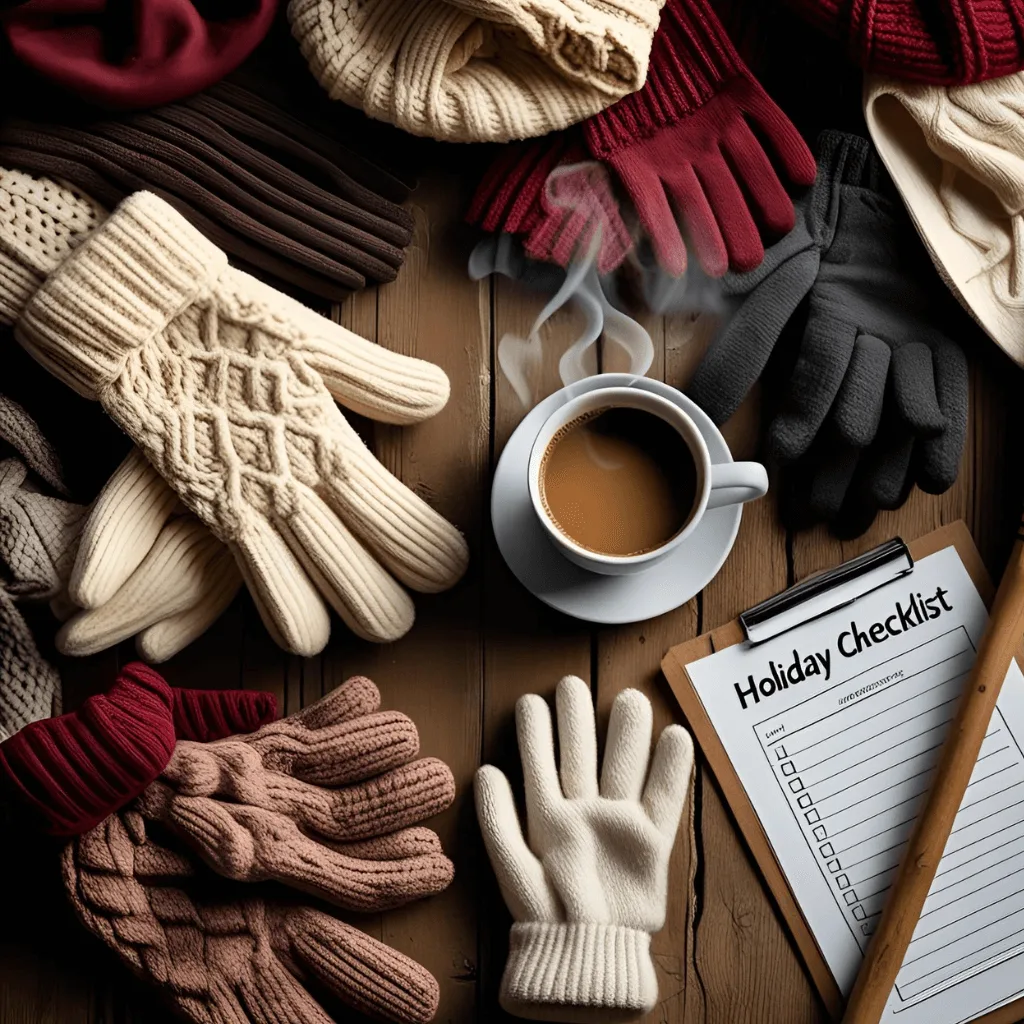 A cozy flat lay of knit gloves, a steaming coffee mug, and a holiday checklist—capturing the calm before the holiday season rush begins.