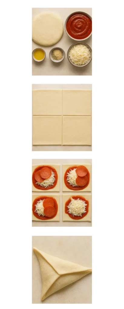 A vertical step-by-step collage showing how to make pepperoni pizza pockets—from ingredients, to cutting dough, adding toppings, and folding into triangle shapes.