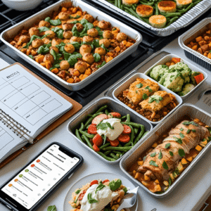 A variety of prepped sheet pan dinners and family-style meals in aluminum trays, accompanied by a weekly menu planner and a meal planning app on a smartphone.