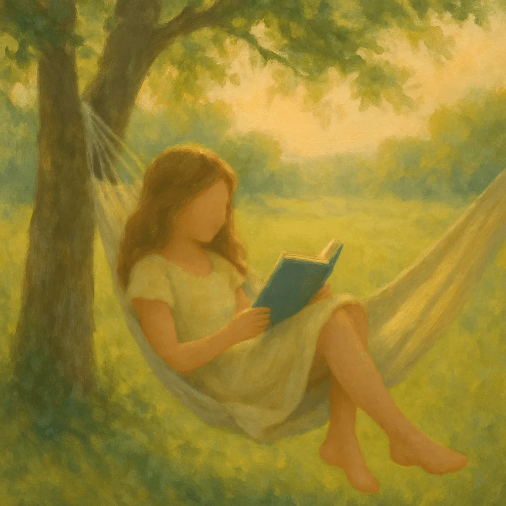 Faceless impressionistic painting of a child reading in a hammock under a tree, representing peaceful summer learning and the joy of reading during school break.