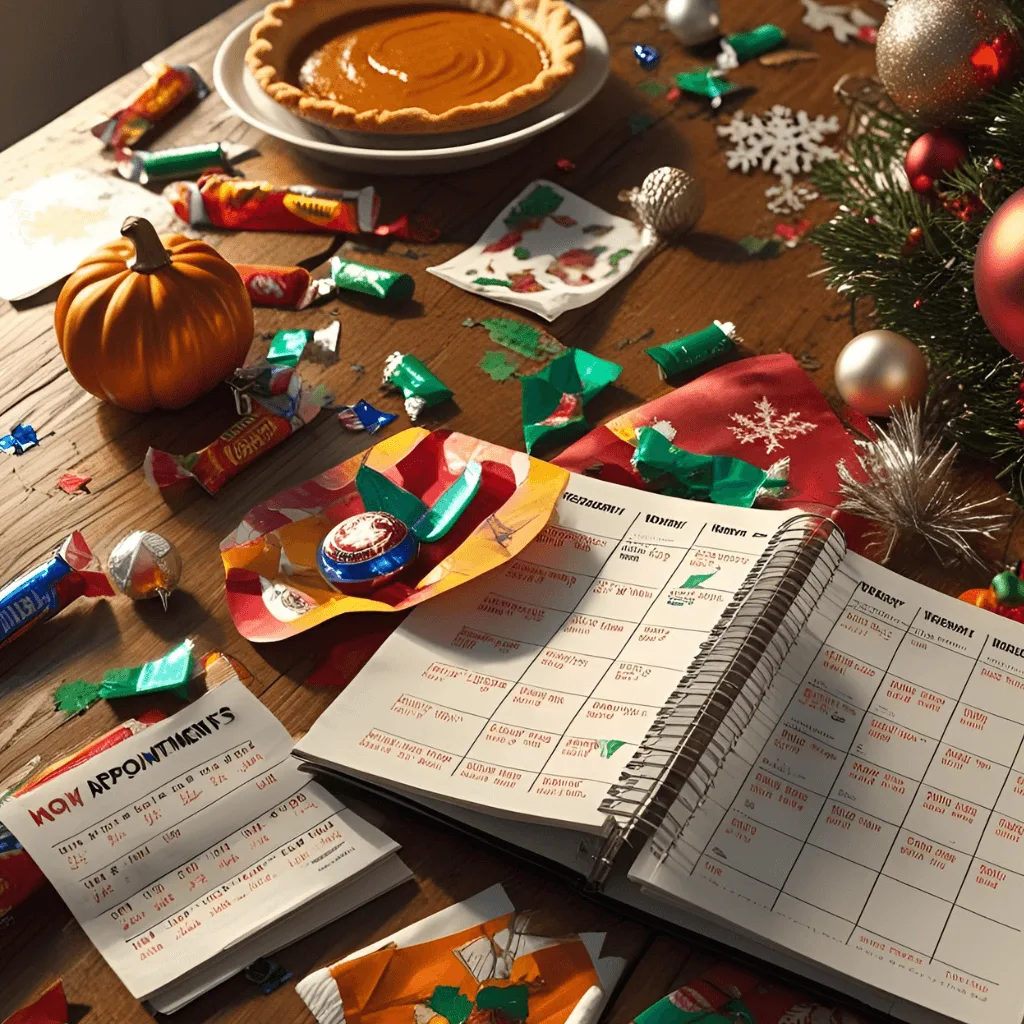 A chaotic holiday table scene symbolizing surviving chaos, with candy wrappers, pumpkin pie, a jam-packed calendar, and scattered holiday decor.