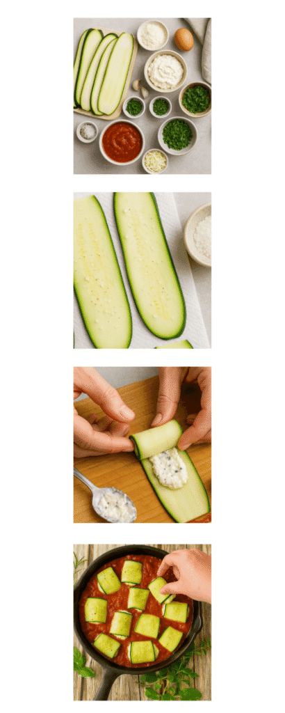 Step-by-step photo collage showing zucchini rollatini preparation from ingredients to assembly: ingredients laid out, salted zucchini slices, filling and rolling with ricotta, and placing rolls seam-side down into a cast iron skillet.
