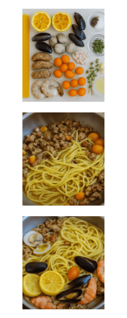 Step-by-step collage showing the progression of a seafood pasta recipe: from raw ingredients, to browning sausage and adding pasta, then incorporating seafood, grilled lemons, and broth before cooking.