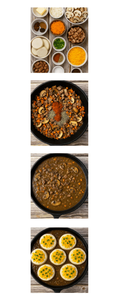Step-by-step collage of making a beef skillet pot pie: image 1 shows prepped ingredients; image 2 adds beef and spices to sautéed vegetables; image 3 shows the thickened gravy; image 4 displays unbaked biscuits topped with cheddar and green onion, ready to go into the oven.