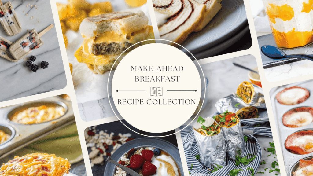 Make-ahead breakfast options including egg muffins, breakfast burritos, oatmeal, and smoothies.