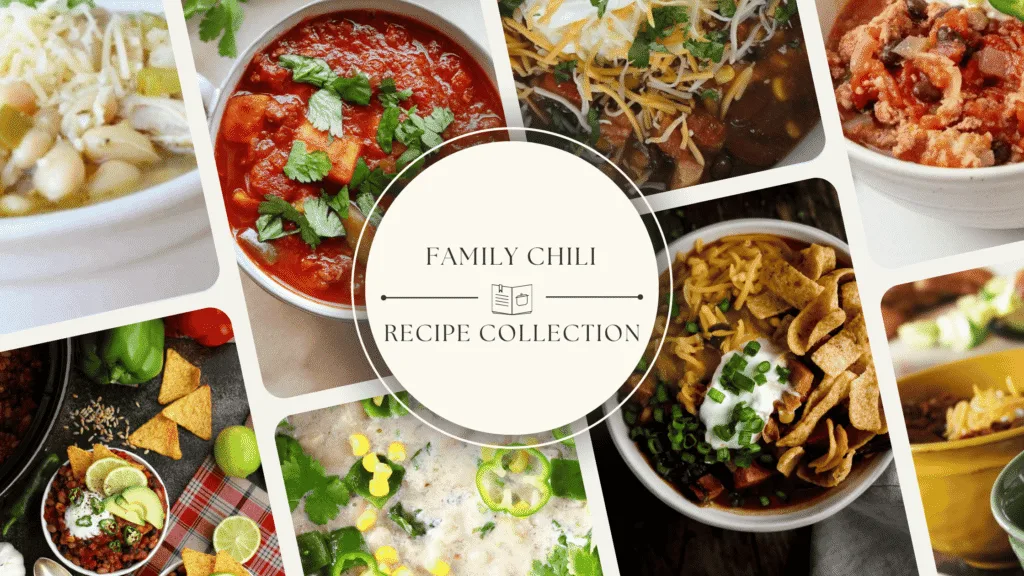 Collage of hearty family-friendly chili dishes with toppings like cheese, sour cream, and herbs.
