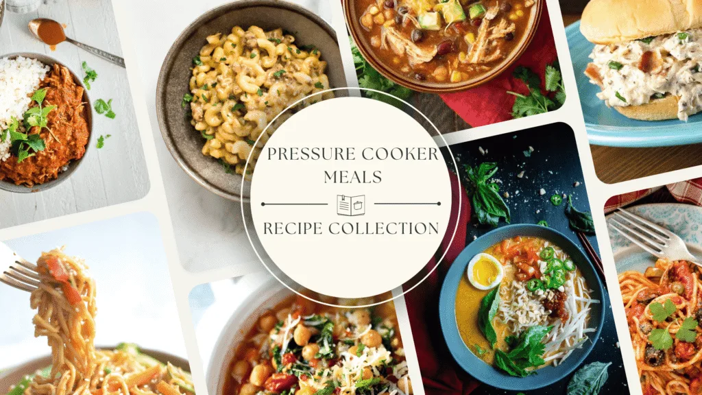 Pressure cooker meals featuring mac and cheese, stews, pastas, and shredded chicken.