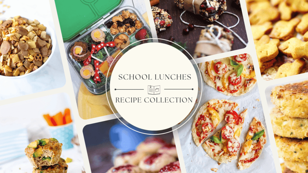 Fun and nutritious school lunch ideas including bento boxes, mini pizzas, muffins, and snack bars.