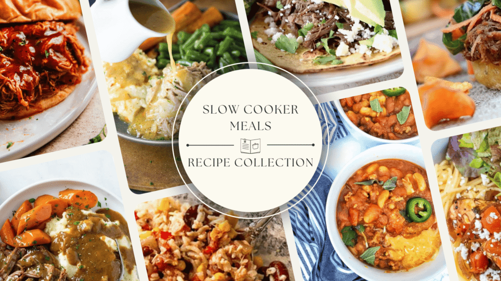 A variety of slow cooker meals including shredded meats, hearty stews, and veggie-packed dishes.