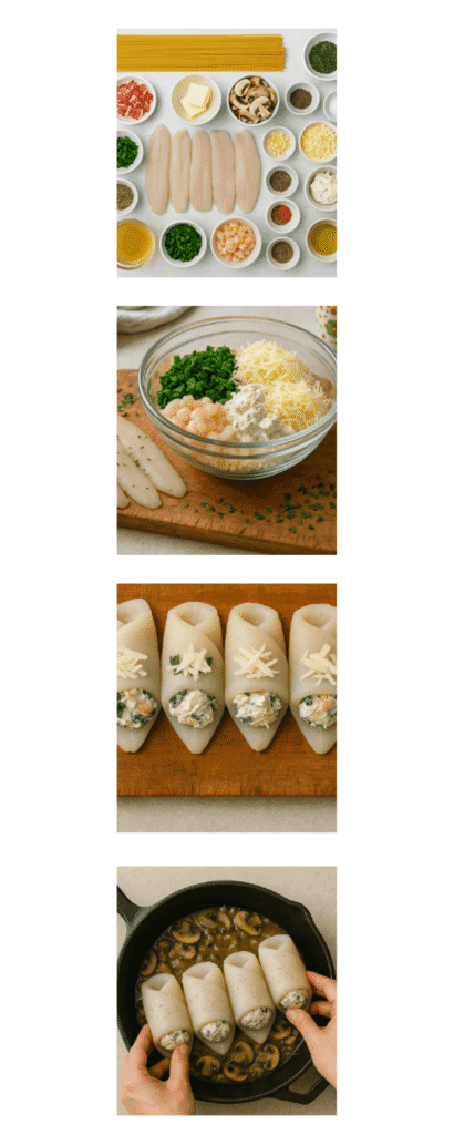 A four-step recipe collage showing the process of making stuffed flounder: ingredients laid out overhead, a bowl of shrimp-spinach filling, flounder fillets rolled with cheese on a board, and hands placing them into a mushroom-filled skillet.